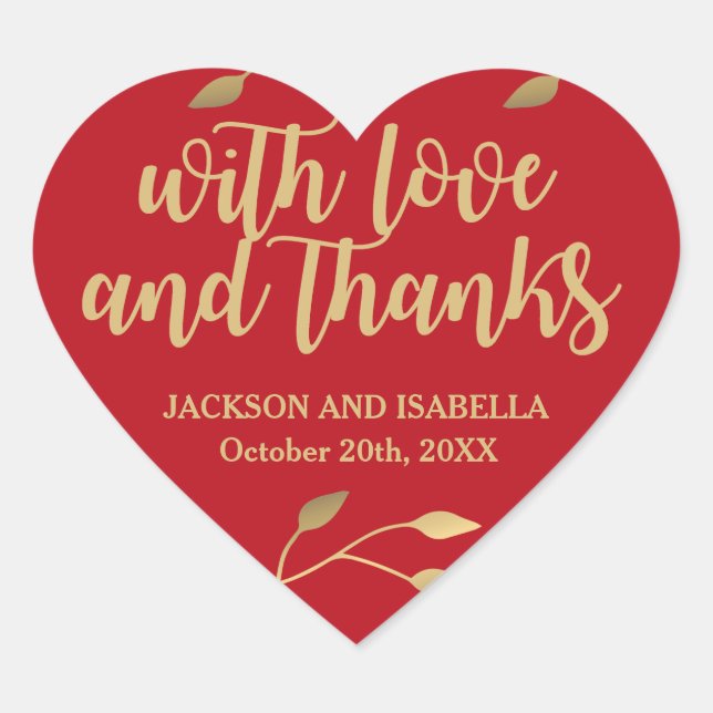 Personalized Red Gold Heart Wedding Cake Box Label (Front)