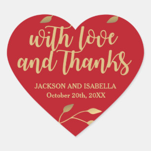 Personalized Red Gold Heart Wedding Cake Box Label