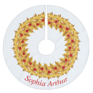 Personalized Red Gold Leaves Wreath Christmas Brushed Polyester Tree Skirt