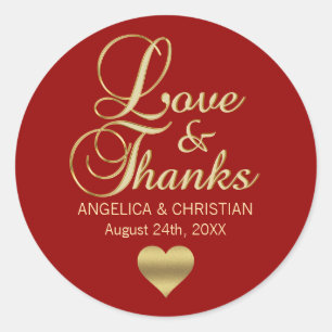 Personalized RED Gold LOVE & THANKS Wedding Classic Round Sticker