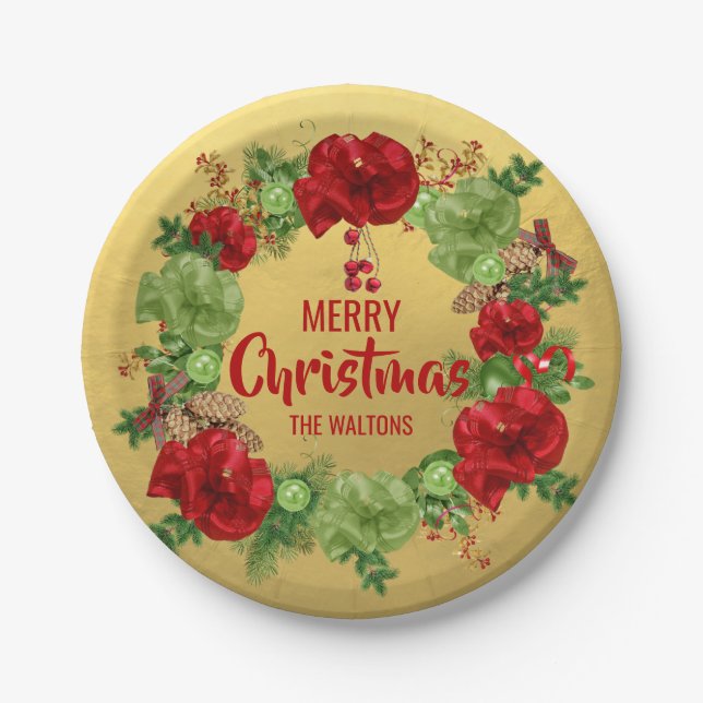 Personalized RED Gold MERRY CHRISTMAS Wreath Paper Plate (Front)