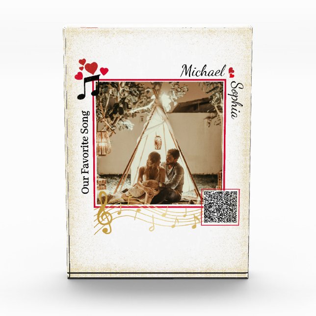 Personalized Red & Gold Modern Photo Song QR Code Block (Front)