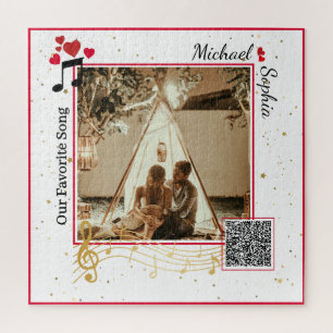 Personalized Red & Gold Modern Photo Song QR Code Jigsaw Puzzle