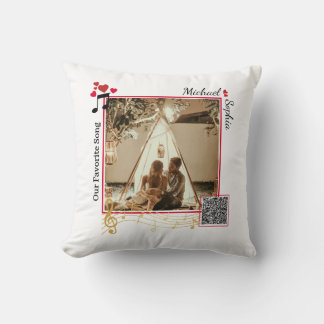 Personalized Red & Gold Modern Photo Song QR Code Throw Pillow