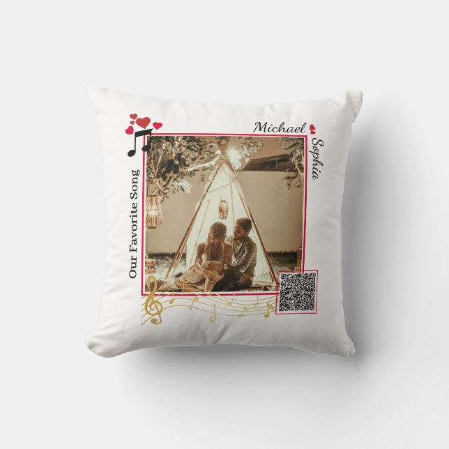 Personalized Red & Gold Modern Photo Song QR Code Throw Pillow (Front)
