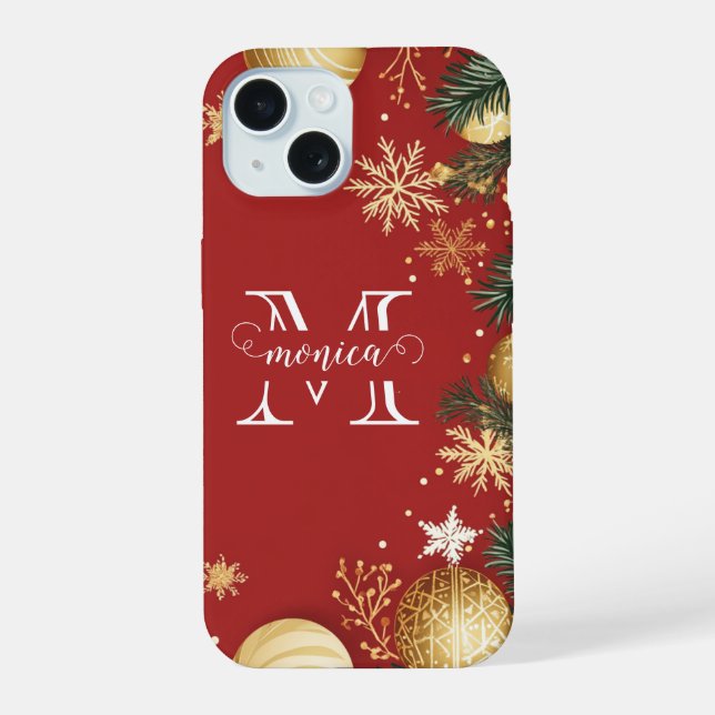Personalized Red Gold Xmas Split Monogram Name iPhone 15 Case (Back)