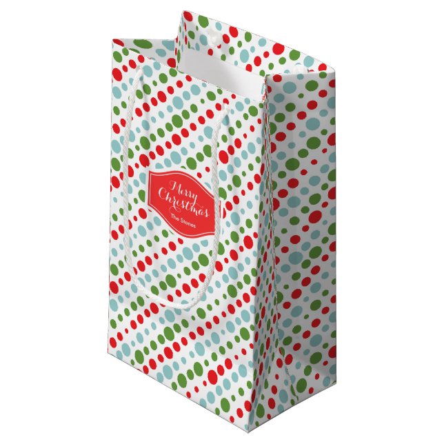 Personalized red green blue polka dots pattern small gift bag (Front Angled)