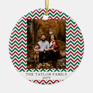 Personalized Red Green Chevron Christmas Photo Ceramic Ornament