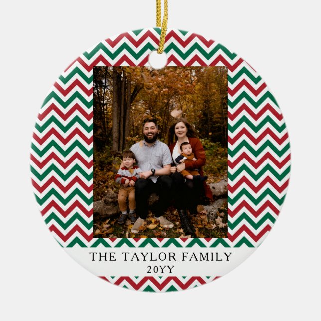Personalized Red Green Chevron Christmas Photo Ceramic Ornament (Front)