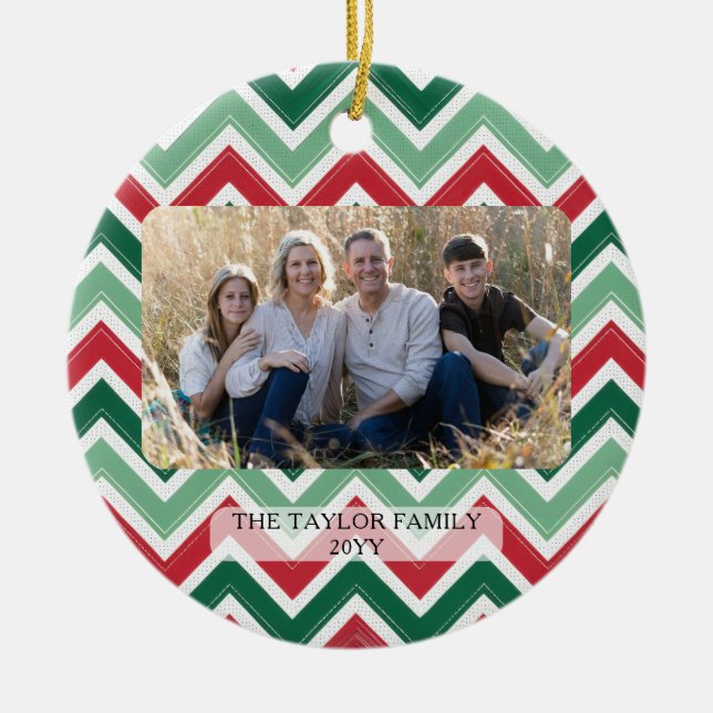 Personalized Red Green Chevron Christmas Photo Ceramic Ornament (Front)