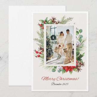 Personalized Red & Green Floral Christmas Card 