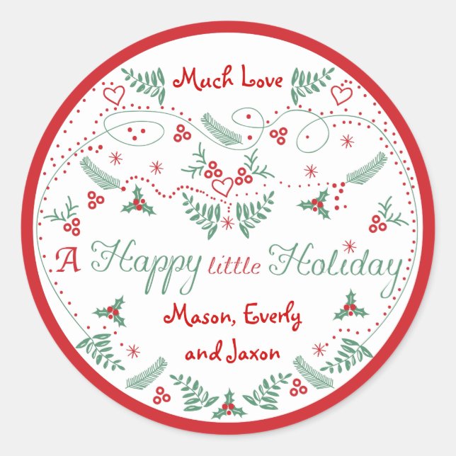 Personalized Red Green Holly Happy little Holiday Classic Round Sticker (Front)