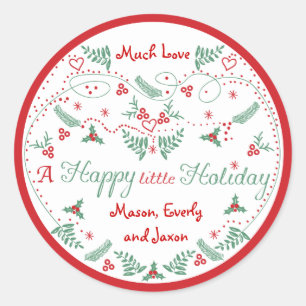 Personalized Red Green Holly Happy little Holiday Classic Round Sticker