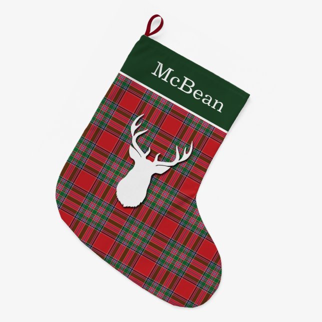Personalized Red Green McBean Tartan Deer Large Christmas Stocking (Front (Hanging))