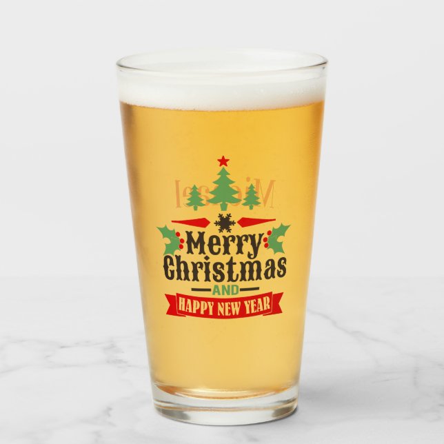 Personalized Red Green Merry Christmas Typography Glass (Front Filled)