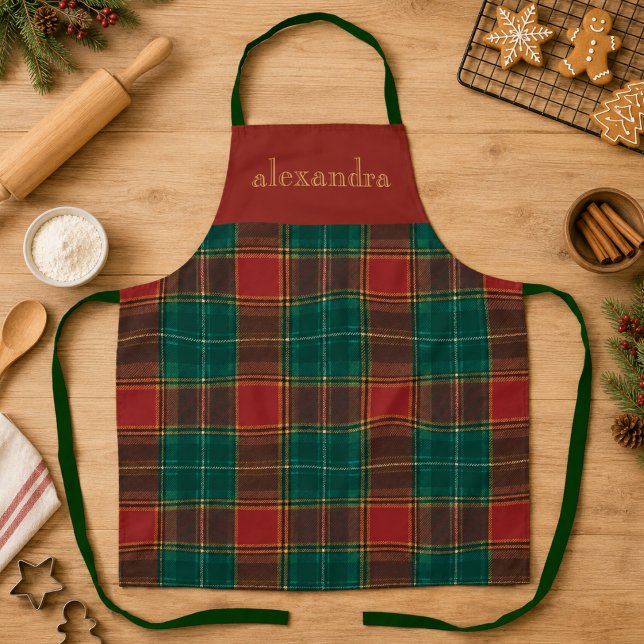Personalized Red Green Tartan Plaid Apron (red green tartan plaid festive Christmas apron with custom monogram name)