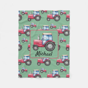 Personalized Red Green Watercolor Tractor Pattern  Fleece Blanket