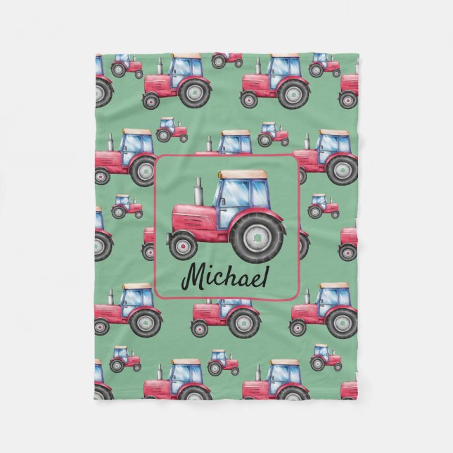 Personalized Red Green Watercolor Tractor Pattern  Fleece Blanket (Front)
