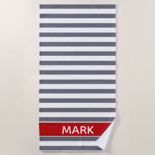 Personalized Red Grey And White Cabana Stripe Beach Towel