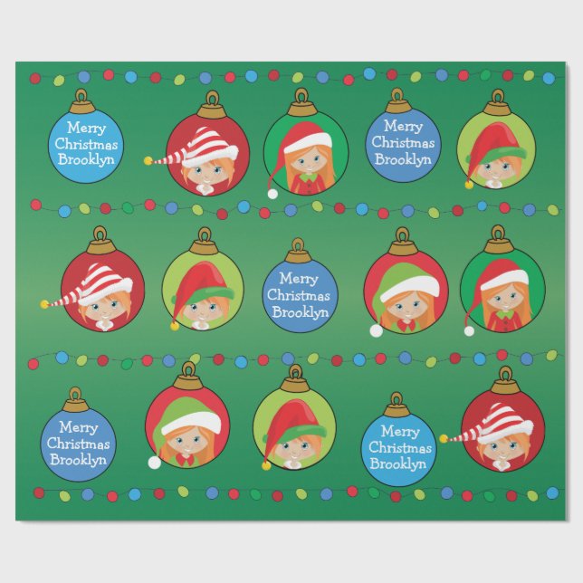 Personalized Red Hair Girl Elf Wrapping Paper (Flat)