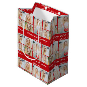 Personalized Red Happy Birthday Photo Collage Medium Gift Bag