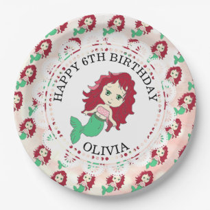 Personalized Red Head Mermaid Birthday Plates