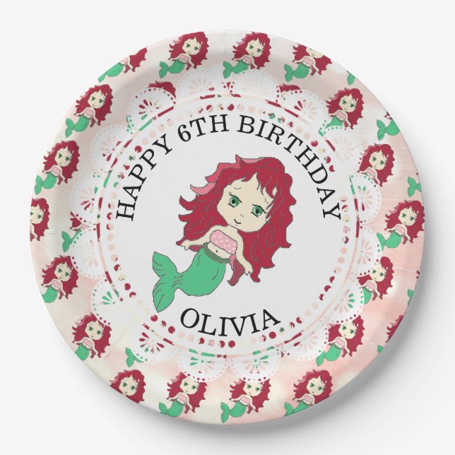Personalized Red Head Mermaid Birthday Plates (Front)