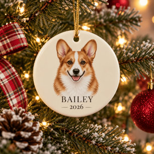 Personalized Red-Headed Corgi Name & Year Ceramic Ornament