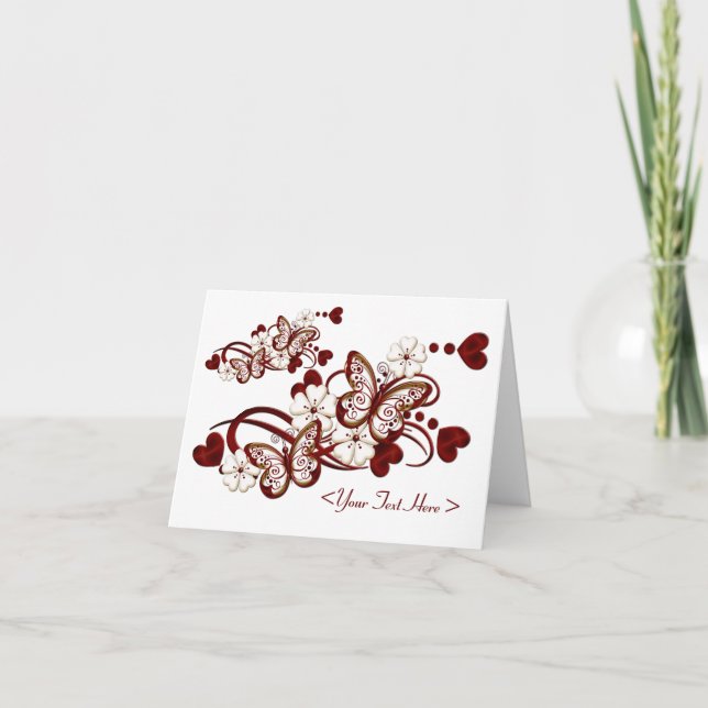 Personalized Red Heart Butterflies Note Card (Front)