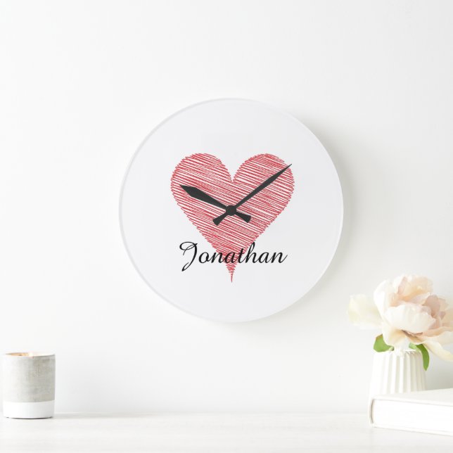 Personalized Red Heart Sketch Name Wall Clock (Home)