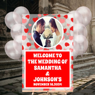 Personalized Red Hearts Wedding Welcome Frosted Acrylic Sign