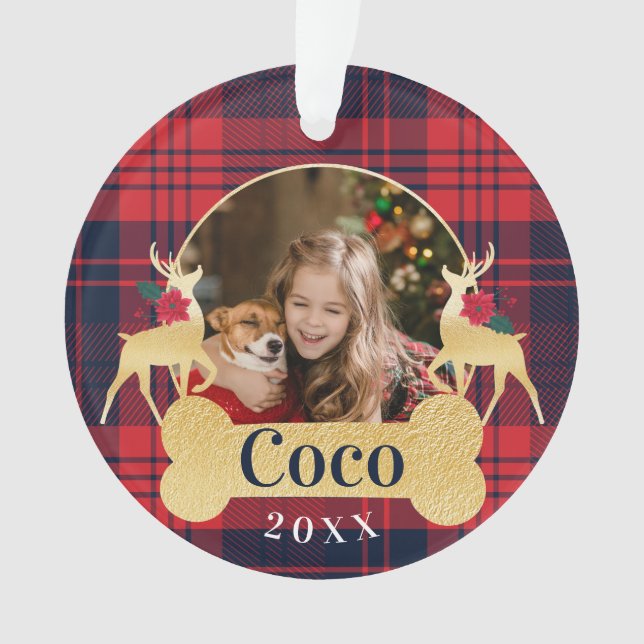 Personalized Red Holly Plaid Reindeer Pet Photo Ornament (Front)