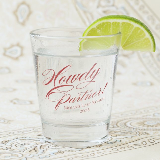Personalized Red Howdy Partner Bachelorette Shot Glass (Howdy Partner Western Bachelorette Shot Glass)