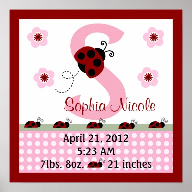 Personalized Red Ladybugs/Flower Birth Info Poster (Front)