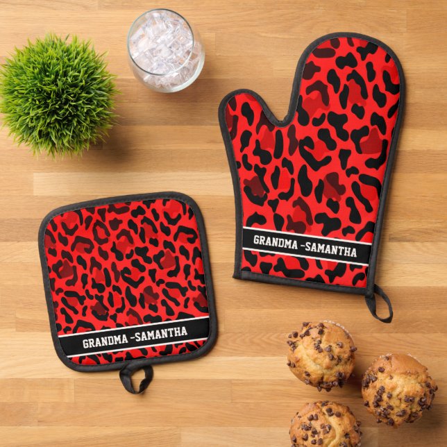 Personalized Red Leopard Print Grandma Name Oven Mitt & Pot Holder Set (Top Down)
