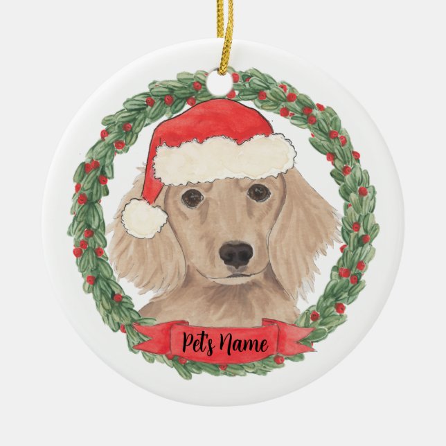 Personalized Red Long Haired Dachshund Ceramic Ornament (Front)