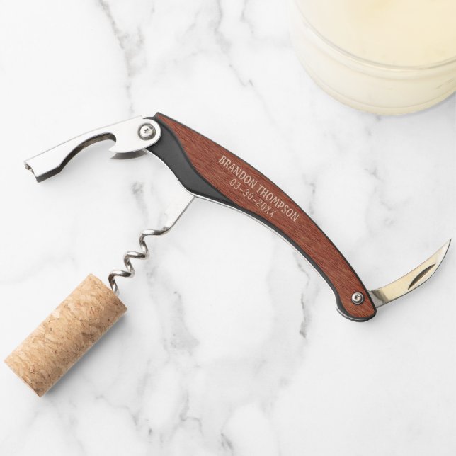 Personalized Red Mahogany Brown Wood Grain Pattern Corkscrew (Front)
