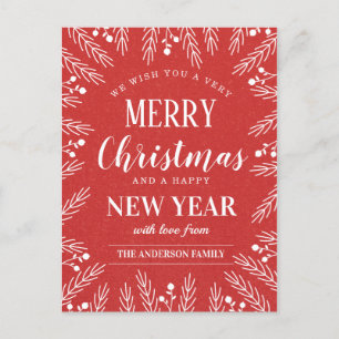Personalized Red Merry Christmas Happy New Year Holiday Postcard
