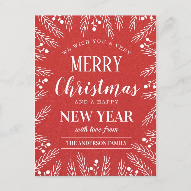 Personalized Red Merry Christmas Happy New Year Holiday Postcard (Front)