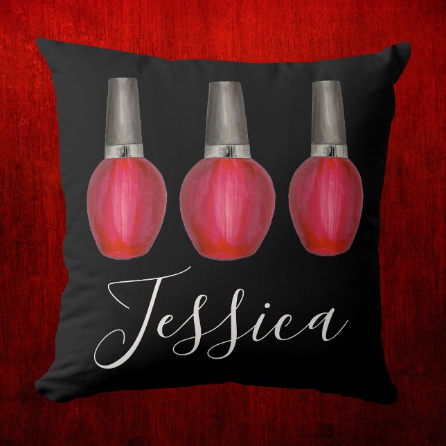 Personalized Red Nail Polish Bottle Beauty Fashion Throw Pillow (Nail Polish Pillow)