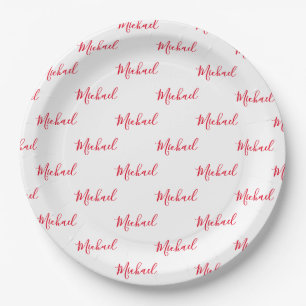 Personalized Red Name Script Paper Plate