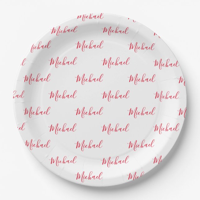 Personalized Red Name Script  Paper Plate (Front)