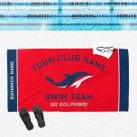 Personalized Red Navy Swim Team Swimmer Name Beach Towel<br><div class="desc">Personalized swim team pool towel design for swimmers features custom text for the swimmer's first and last name, swim team club name, and mascot or other text. Add your team logo to the dolphin placeholder image. The colour scheme of red, navy blue and white can be modified to coordinate with...</div>
