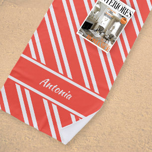 Personalized Red-Orange and White Stripes Beach Towel