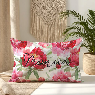 Personalized Red Peony Watercolor Flowers Lumbar Pillow