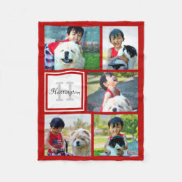 Personalized Red Photo Collage Monogrammed Gift Fleece Blanket