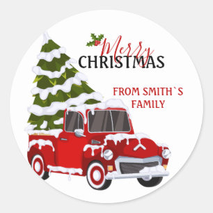 Personalized Red Pickup Truck Christmas Family Classic Round Sticker