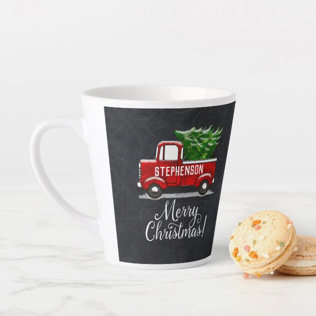 Personalized Red Pickup Truck Tree Merry Christmas Latte Mug (In Situ)
