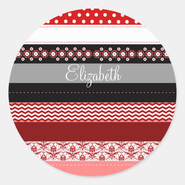 Personalized Red Pink Black White Washi Tape Look Classic Round Sticker (Front)