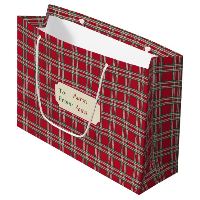 Personalized Red Plaid Christmas Gift Bag (Front Angled)